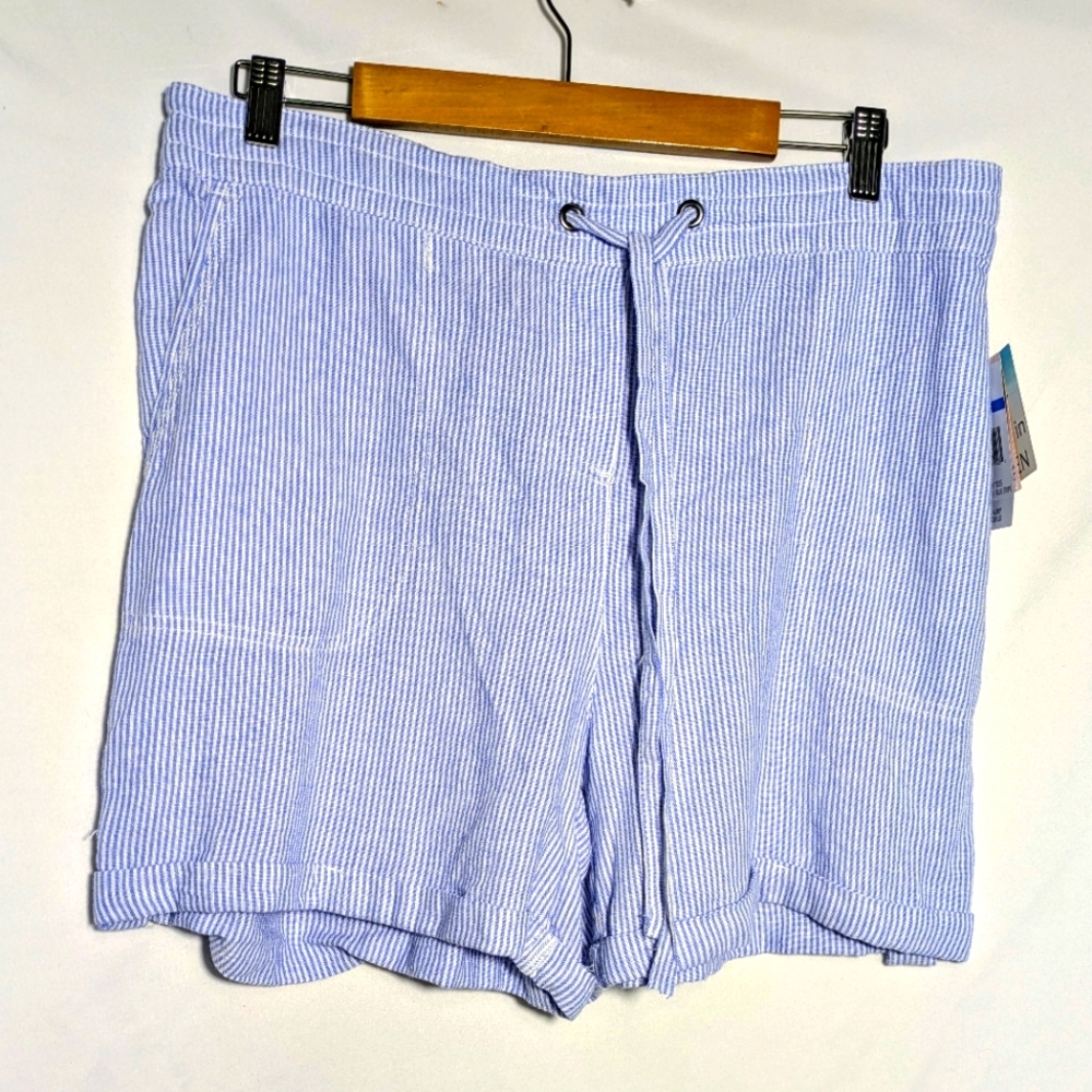 NWT Women's Per Se Brand Linen Blend Cuffed‎ Shorts White & Blue Stripes Sz XL